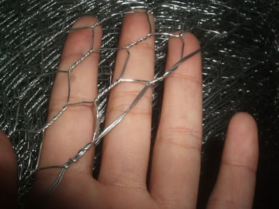 Triple twisted bilateral galvanized before weaving hexagonal mesh on the hand.