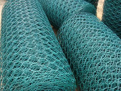 There are several green PVC coated hexagonal wire mesh rolls placed on ground.