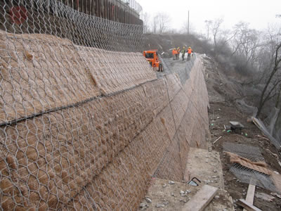 This picture shows the half-finished project of installing green terramesh on a hillside.
