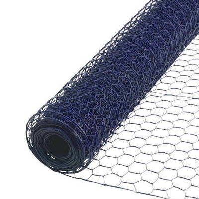 A roll of blue color hexagonal wire mesh on the white background.