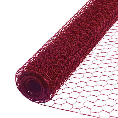 A roll of red color hexagonal wire mesh on the white background.