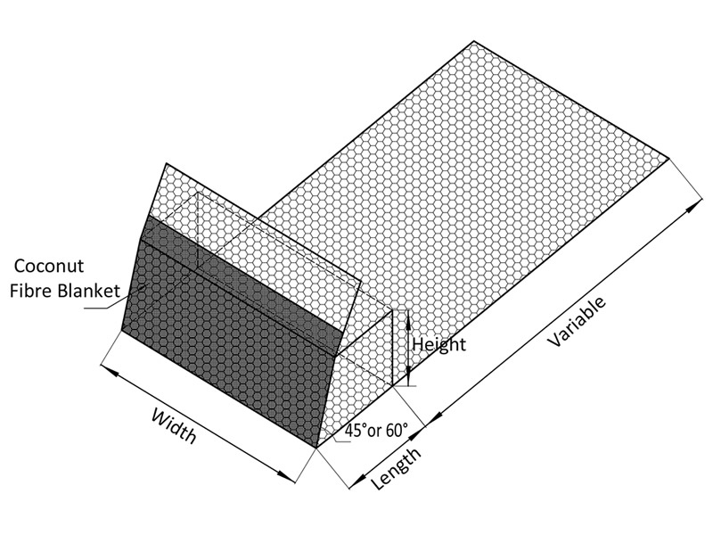 This a sketch map of trapezoidal gabion basket, which shows the its width, length, height, gradient.
