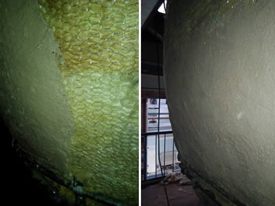Plaster has been totally spread over the boiler rock wool surface.