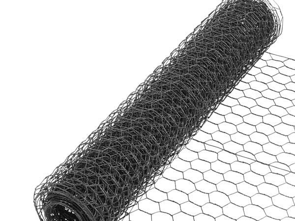 A roll of black vinyl coated poultry netting is on the white background.